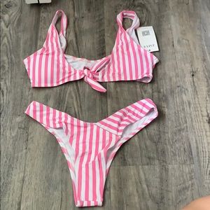 Pink and white striped bikini set